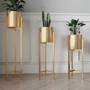 G M Crafts Golden 3 pot planter stand for balcony garden indoor outdoor With pots(golden) Plant Container Set