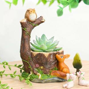 Vikarafty Resin Pot Owl & Squirrel Design Animal Planter Grey White Color Unique & Trendy Plant Container Set