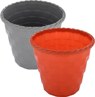 KUBER INDUSTRIES Brick Pot|Plastic Flower Pots for Home D�cor|6 Inch|Pack of 2|Orange & Grey Plant Container Set