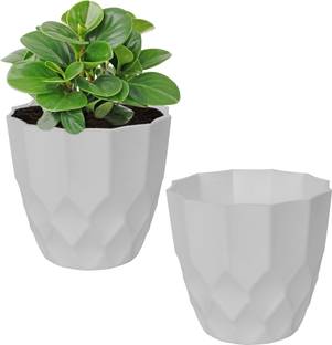 KUBER INDUSTRIES Plastic Flower Pots for Indoor|Outdoor|Barfi Flower Pot|6 Inch|Pack of 2|White Plant Container Set