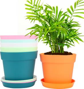 JIGSHTIAL 8 inch Flower Pots Outdoor Indoor,with Drainage Hole&Tray Saucer Plastic Pots Plant Container Set
