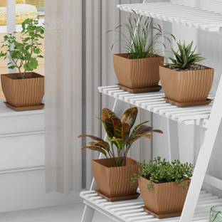 FORWAY 7 inch Square Flower Pots Outdoor Indoor, Planters with Drainage Hole and Tray Plant Container Set