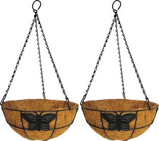 Garden Deco 10 Inch Butterfly Design Coir Hanging Basket with Chain (Set of 2) Plant Container Set