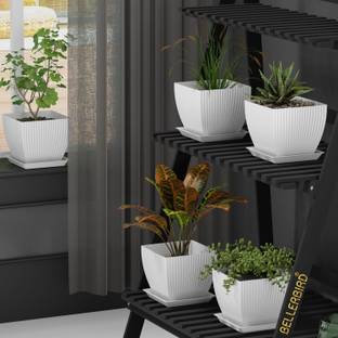 BELLERBIRD 7 inch Square Flower Pots Outdoor Indoor, Planters with Drainage Hole and Tray Plant Container Set