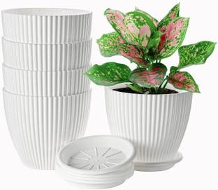 FORBACK Stylish White Planter Set Of 5 Pcs Plastic Pots with Saucers Plant Container Set