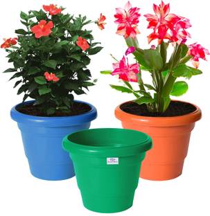 Heart Home Solid 2 Layered Plastic Flower Pot|Gamla ,6"x5",Packof 3 (Orange & Green & Blue) Plant Container Set