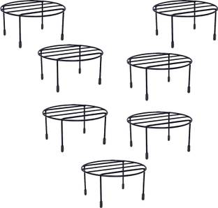 VINAMRA28 Round Stand Galvanised Metal Stand Pot Holder with bottom Rubber, Set of 4-Black Plant Container Set