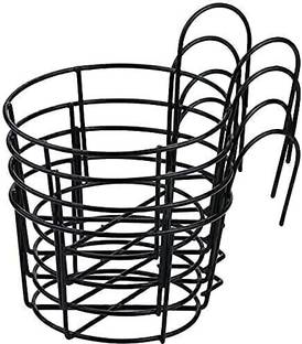 EzzuCrafts Set of 4 Round Metal Hanging Railing Planters,Hanging Railing Planter Flower Pot Holder Basket Iron Art Rack Fence Shelf Container for Balcony,Garden,Indoor and Outdoor Color black Plant Container Set