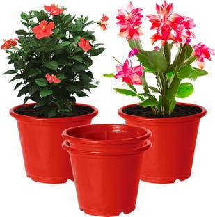 KUBER INDUSTRIES Plastic Planters|Gamla|Flower Pots ,8"x6",Pack of 4 (Red) Plant Container Set