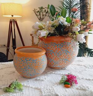 Niyara Ceramic Planter Pot, Orange, 20 cm, 15 cm, 2 Pieces Plant Container Set