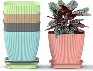 DECORWAY Square Pots with tray for Home & Balcony Decoration Planters,Terrace,Garden Etc Plant Container Set