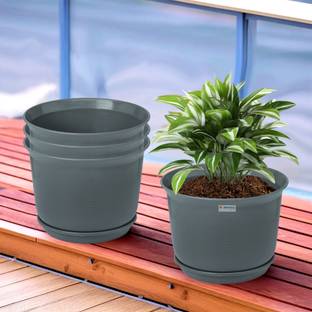 HOMESTIC by Kuber Industries Plain Sawera Flower Pot for Home with Tray|10 Inch|Pack of 4|Gray Plant Container Set