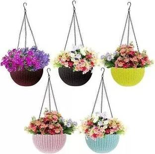 VirajSanchi Multicolor Hanging Pots, Beautiful Round Woven Plastic Flower Plant Container Set