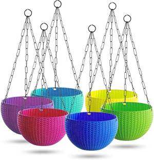 MAQ 7.1" Rattan Hanging Planter Plastic Hanging Flower Pot Basket with Chain Set Plant Container Set