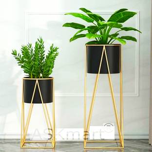 ASKmart Classic Golden Cross Stand set of 2 with 2 Black Planters. Plant Container Set