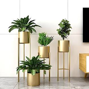 प्लांटडेकॉर Metal Floor Flower Stand for living room Indoor Plant Stand (Gold) प्लांट कंटेनर सेट