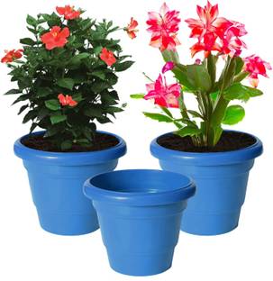 KUBER INDUSTRIES Solid 2 Layered Plastic Flower Pot|Gamla ,6"x5",Pack of 3 (Blue) Plant Container Set