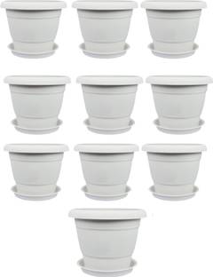 Muddstyles Plastic 8 inch Round White Flower Pot With Tray for Home office Garden balcony Plant Container Set