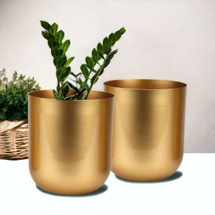 ecofynd Round Metal Gold Planter Plant Container Set