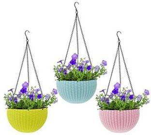 jeneric 6 inches Plastic Woven Design Hanging Euro Planter Basket for Indoor and Outdoor Plant Container Set