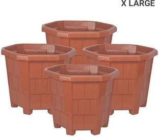 Plastichouse Plastic House Gardening Flower Pot Hexagon Garden Plastic Planters Plant Container Set Gamla Pot For Garden And Balcony Flowering (Pack of 4) Brown Plastic Plant Container Set