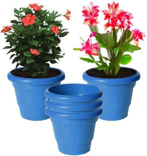 KUBER INDUSTRIES Solid 2 Layered Plastic Flower Pot|Gamla ,6"x5",Pack of 5 (Blue) Plant Container Set