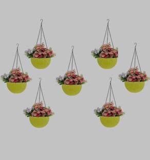 Dervino Chain Hanging Plastic Planter Pot Yellow Pack of 7 Plant Container Set