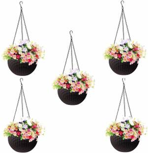 GO HOOKED Round Rattan Woven Hanging Pots For Plants, Hanging Planters For Balcony, Home, Garden (Pack of 5) (Dark Brown) (7.1 x 4.8 Inch) Plant Container Set