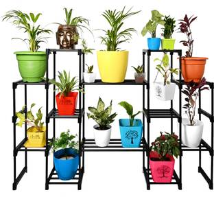 keeva 12 Step Long Metal Black Plant Stand For Balcony, Living Room, Flower Pot Stand Plant Container Set