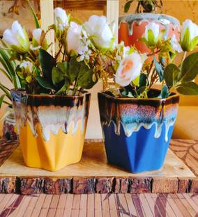 Niyara Stylish new glacier look ceramic planters combo (pack of 2)color-Yellow & Blue Plant Container Set