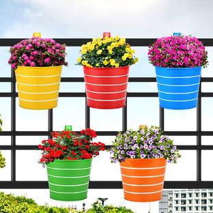 Urban Plant Colorful Round Shape Railing, Balcony Hanging Metal Planters | Multicolor Plant Container Set