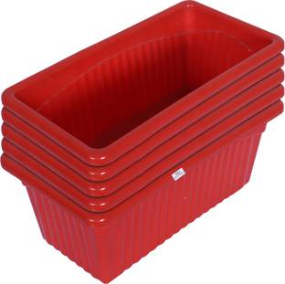 Heart Home Rectangular Jupiter Plastic Window Pot|Flower Planter 14 Inches Packof 5(Red) Plant Container Set