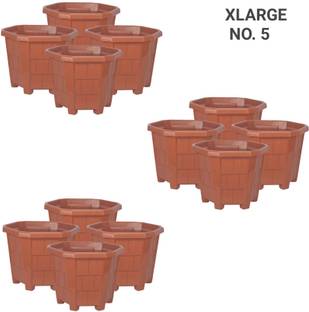 Plastichouse Plastic House Gardening Flower Pot Hexagon Garden Plastic Planters Plant Container Set Gamla Pot For Garden And Balcony Flowering (Pack of 12) Brown Plastic Plant Container Set