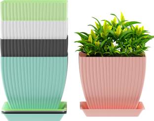 Gajanan mart 7 inch Square Flower Pots Outdoor Indoor, Planters with Drainage Hole and Tray Plant Container Set