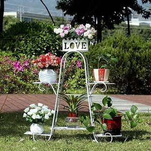 EYLEX Planter Stand, Outdoor Flower Rack Flower Pot Plant Container Set Metal (White) Plant Container Set