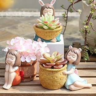 APSGREEN POLY-RESIN BASKET DOLL FOR INDOOR, OFFICE TABLE SUCCULENT PLANT(PACK OF 3) Plant Container Set