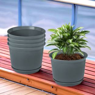 KUBER INDUSTRIES Plain Sawera Flower Pot for Home with Tray|10 Inch|Pack of 5|Gray Plant Container Set