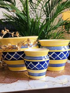 Niyara ceramic shiny stylish handi shape 3 pcs Yellow colour planters pot Plant Container Set