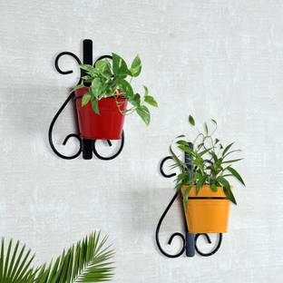 Homesake Wall Scone Metal Wall Planters Pot for Indoor Plants with Holder (Set of 2, Galvanized Iron Buckets) - Wall Mounted Planters with Stand Verticle Containers|Balcony Decoration Garden Décor, Red Yellow Plant Container Set