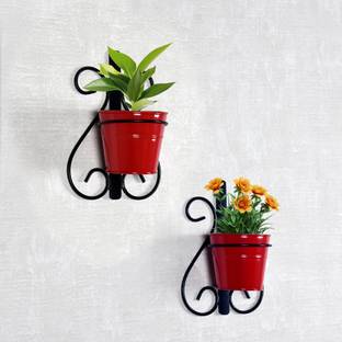 Homesake Wall Scone Metal Wall Planters Pot for Indoor Plants with Holder (Set of 2, Galvanized Iron Buckets) - Wall Mounted Planters with Stand Vertical Containers Balcony Decoration Garden Décor, Red Plant Container Set