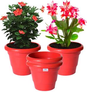 Heart Home Solid 2 Layered Plastic Flower Pot|Gamla ,8"x 6",Pack of 4 (Red) Plant Container Set
