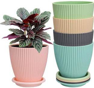 Finner Plastic Pots for Indoor Outdoor Plant Home Decor Planter with Drainage Hole&Tray Plant Container Set