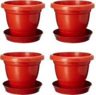 Ramanuj (PACK OF 4 WITH TRAY) 10 INCHES Heavy Duty Plastic High Quality Gardening Flower Pots-10 Inch | Round Garden Plastic Planters Plant Container Set Gamla Pot for Garden and Balcony Flowering (Pack of 4, Plastic) Brown Plant Container Set For Indoor/ Outdoor Future Green High Quality Round Pots Plant Container Set Plant Container Set