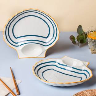 Nestasia White and Blue Set of 2 Nitori Ceramic Shell-Shaped Border Plate with Section Chip & Dip Tray