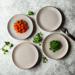FREAKWAY Handcrafted/Handcrafted White Matte Finish Ribbed 7" Quarter Plate- Set of 4 for Dinner Dinner Plate