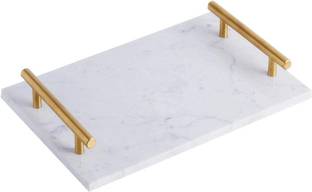 Eddika Natural Rectangular Marble Tray with Gold Metal Handles Tray
