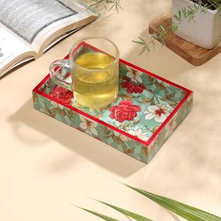 DULI Red Floral Print Serving Tray for Table Decor 8x5 Inch Tray