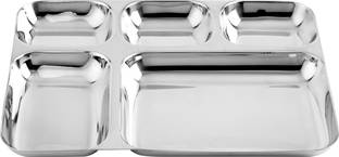 Classico Stainless Steel Square Plate - 5 Partition Divided, Dinner, Bhojan, Thali Plates Sectioned Plate