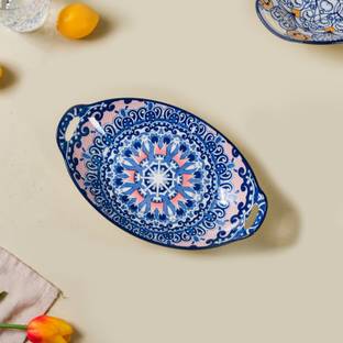 Nestasia Blue Mandala Ceramic Long Dish with Handles for Serving Snacks Tray