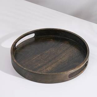 WoodCurlsLLP Aret Wooden Serving Tray with Handle|Round Tray|Multipurpose Tray Tray